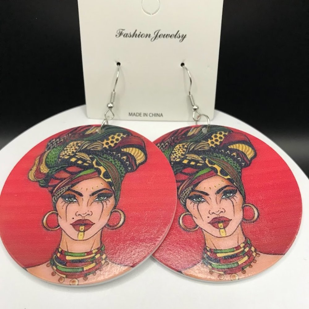 NWT Wooden Exquisite African Beauty Print Round Dangle Earrings Bohemian